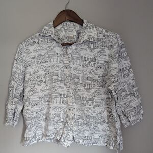 Christopher & Banks Black and White Architectural Button Down Shirt Summer